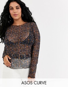 Сетчатый топ с длинными рукавами и цветочным принтом ASOS DESIGN Curve-Мульти