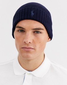 Темно-синяя шапка-бини из мериносовой шерсти Polo Ralph Lauren-Темно-синий