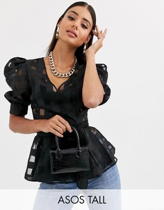 Клетчатый топ с запахом и короткими рукавами из органзы ASOS DESIGN Tall-Черный