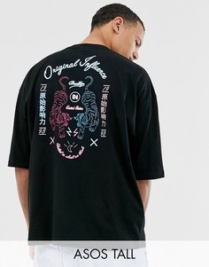 Oversize-футболка с рукавами длиной до локтя и неоновым принтом на спине ASOS DESIGN Tall-Черный