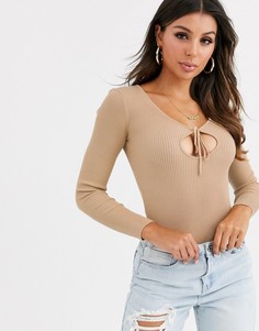 Бежевое трикотажное боди с вырезом капелькой Missguided-Бежевый