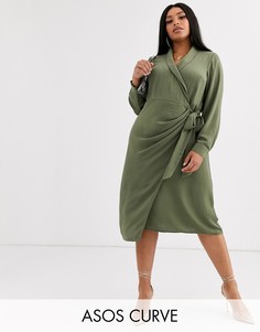 Платье миди с запахом и воротником ASOS DESIGN Curve-Зеленый