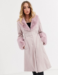 Розовое пальто из искусственной замши с меховой отделкой Missguided-Розовый
