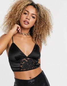 Черный атласный топ с кружевом Bershka