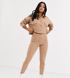 Бежевые леггинсы в рубчик от комплекта с завышенной талией Missguided Petite-Бежевый