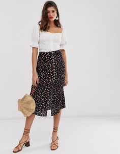 Черная юбка миди с цветочным принтом River Island-Черный