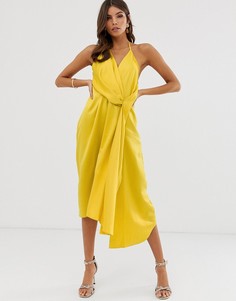 Атласное платье миди с драпировкой ASOS DESIGN-Золотой