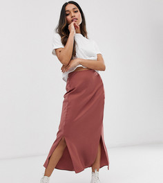 Атласная юбка миди косого кроя с разрезами ASOS DESIGN Petite-Коричневый