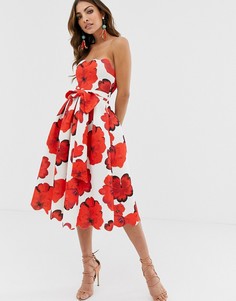 Приталенное платье миди с цветочным принтом ASOS DESIGN-Красный