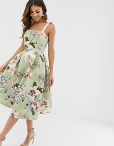 Платье миди для выпускного с цветочным принтом и завязками ASOS DESIGN-Зеленый