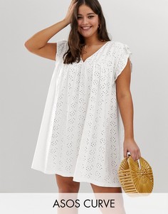 Двустороннее свободное платье с вышивкой ришелье и рукавами-оборками ASOS DESIGN Curve-Белый