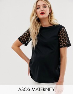 Футболка с кружевными рукавами ASOS DESIGN-Черный