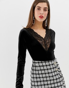 Черное боди с кружевной отделкой River Island-Черный