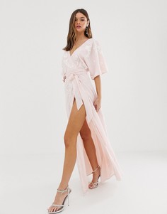 Платье макси с запахом и вышивкой ASOS DESIGN-Розовый