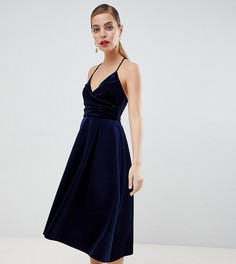 Бархатное платье миди для выпускного с запахом ASOS DESIGN Petite-Темно-синий