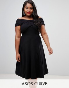 Приталенное платье миди с широким вырезом ASOS DESIGN Curve-Черный