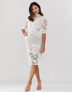Белое кружевное платье миди с оборкой на кокетке True Decadence Premium-Белый