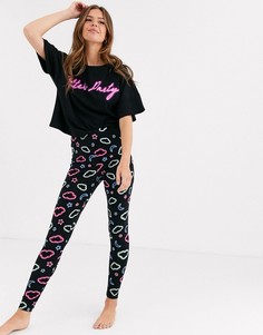 Пижамный комплект с леггинсами и футболкой неонового цвета с надписью ASOS DESIGN-Черный