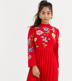 Платье мини с плиссированной юбкой и вышивкой ASOS DESIGN Petite-Красный