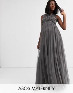 Темно-серое платье макси 2 в 1 с пайетками Maya Maternity - Bridesmaid-Серый