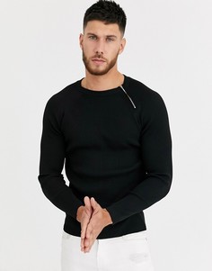 Черный джемпер в рубчик с воротом на молнии River Island