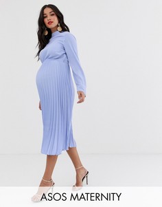 Платье миди с высоким воротом и плиссировкой ASOS DESIGN Maternity-Синий