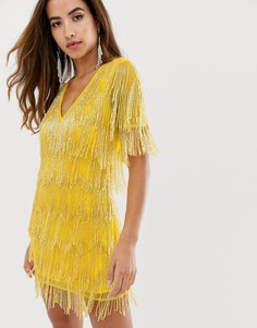Платье мини с короткими рукавами и бахромой ASOS DESIGN-Желтый
