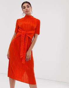 Плиссированное платье миди с декоративным узлом ASOS DESIGN-Оранжевый