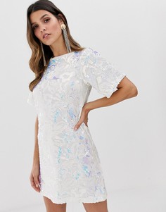 Белое бархатное платье-футболка с отделкой переливающимися пайетками Flounce London-Мульти