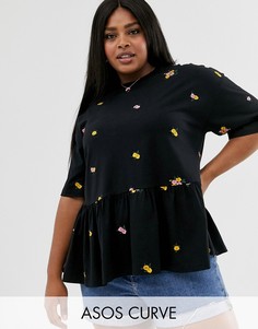 Свободный топ с цветочной вышивкой ASOS DESIGN Curve-Черный