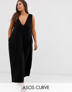 Трапециевидное платье макси с глубоким вырезом ASOS DESIGN Curve-Черный