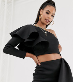 Черный топ на одно плечо с оборкой эксклюзивно от True Violet