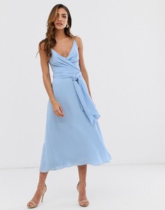 Платье миди с запахом и завязкой на талии ASOS DESIGN-Синий