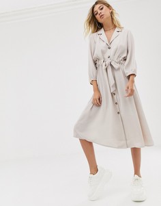 Платье-рубашка миди на пуговицах с присборенной талией ASOS DESIGN-Кремовый