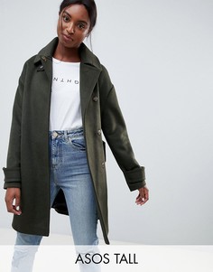 Саржевое пальто с пряжкой на воротнике ASOS DESIGN Tall-Зеленый