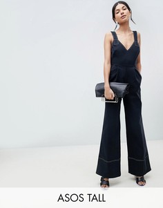Саржевый комбинезон с широкими штанинами и завязками ASOS DESIGN Tall-Черный