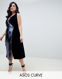 Бархатное платье мини на бретельках с запахом и пайетками ASOS DESIGN Curve-Мульти
