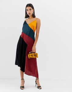 Атласное плиссированное платье миди в стиле колор блок ASOS DESIGN-Мульти