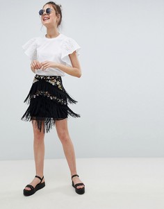 Мини-юбка с цветочной вышивкой и бахромой ASOS DESIGN-Черный