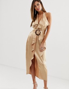 Атласное платье-футляр миди с халтером и поясом с деревянной пряжкой ASOS DESIGN-Золотой