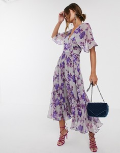 Платье миди с драпированными рукавами и цветочным принтом ASOS DESIGN-Мульти