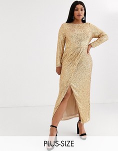 Золотистое платье макси с запахом и пайетками TFNC Plus-Золотой