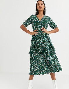 Зеленое ярусное платье миди с цветочным принтом Missguided-Зеленый