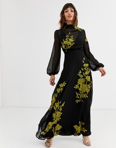 Платье макси с вышивкой ASOS DESIGN-Черный