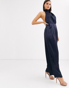 Атласный комбинезон с халтером и широкими штанинами ASOS DESIGN-Темно-синий