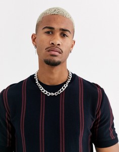 Черная футболка в вертикальную полоску с круглым вырезом Topman-Темно-синий