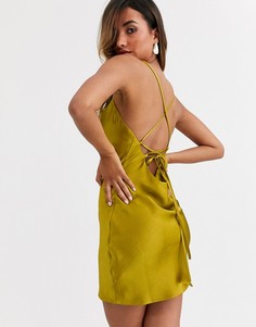 Блестящее атласное платье-комбинация мини со шнуровкой на спине ASOS DESIGN-Зеленый