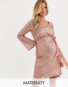 Приталенное платье цвета розового золота с пайетками и поясом Queen Bee-Розовый