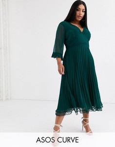 Платье миди с плиссировкой и кружевными вставками ASOS DESIGN Curve-Зеленый