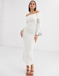 Платье миди в рубчик с длинными рукавами ASOS DESIGN-Кремовый